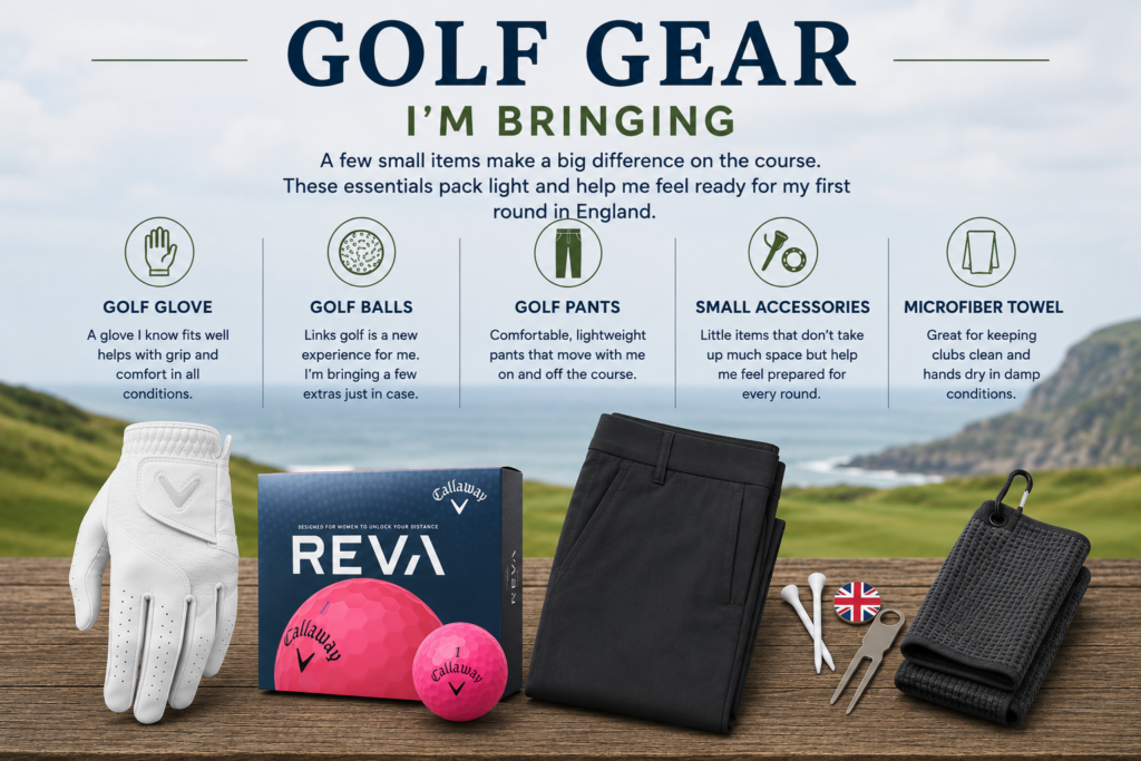 Scotland summer packing list items for golf including glove, balls, pants, small accessories and microfiber towel.