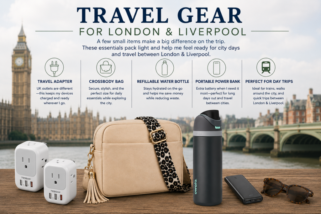 summer packing list essentials for London and Liverpool including adaptor, crossbody bag, water bottle, sunglasses, and power bank.