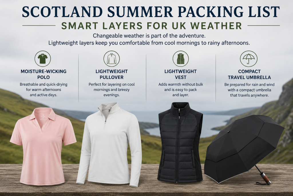 Image showing scotland summer packing list items for UK changing weather including polo, quarter zip, vest and umbrella.