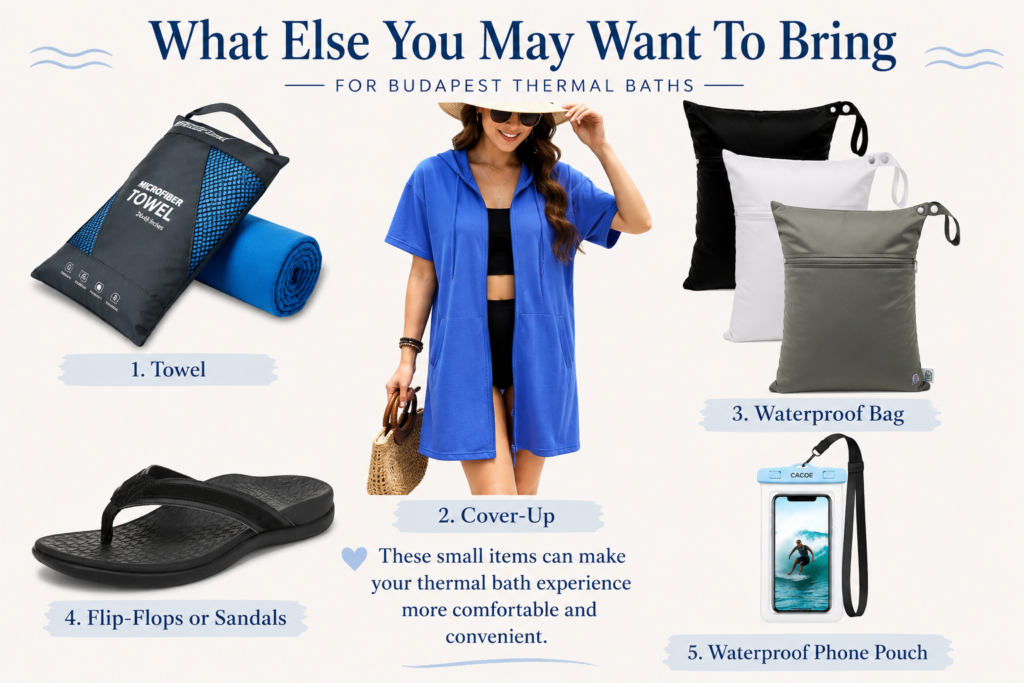 Graphic describing what you might want to bring when visiting budapest thermal baths